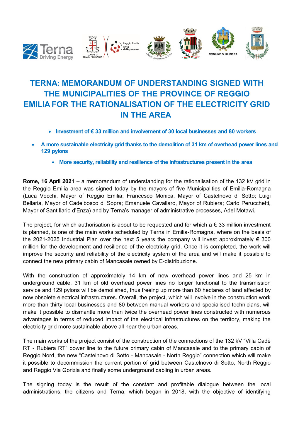 Terna: Memorandum of Understanding Signed with the Municipalities of the Province of Reggio Emilia for the Rationalisation of the Electricity Grid in the Area