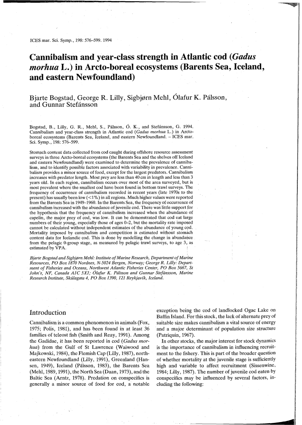 Cannibalism and Year-Class Strength in Atlantic Cod (Gadus Morhua L.) in Arcto-Boreal Ecosystems (Barents Sea, Iceland, and Eastern Newfoundland)