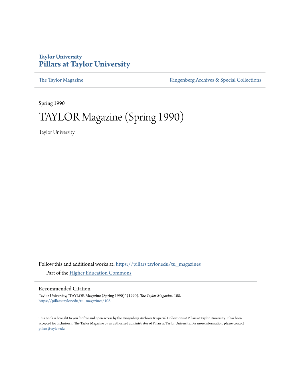 TAYLOR Magazine (Spring 1990) Taylor University