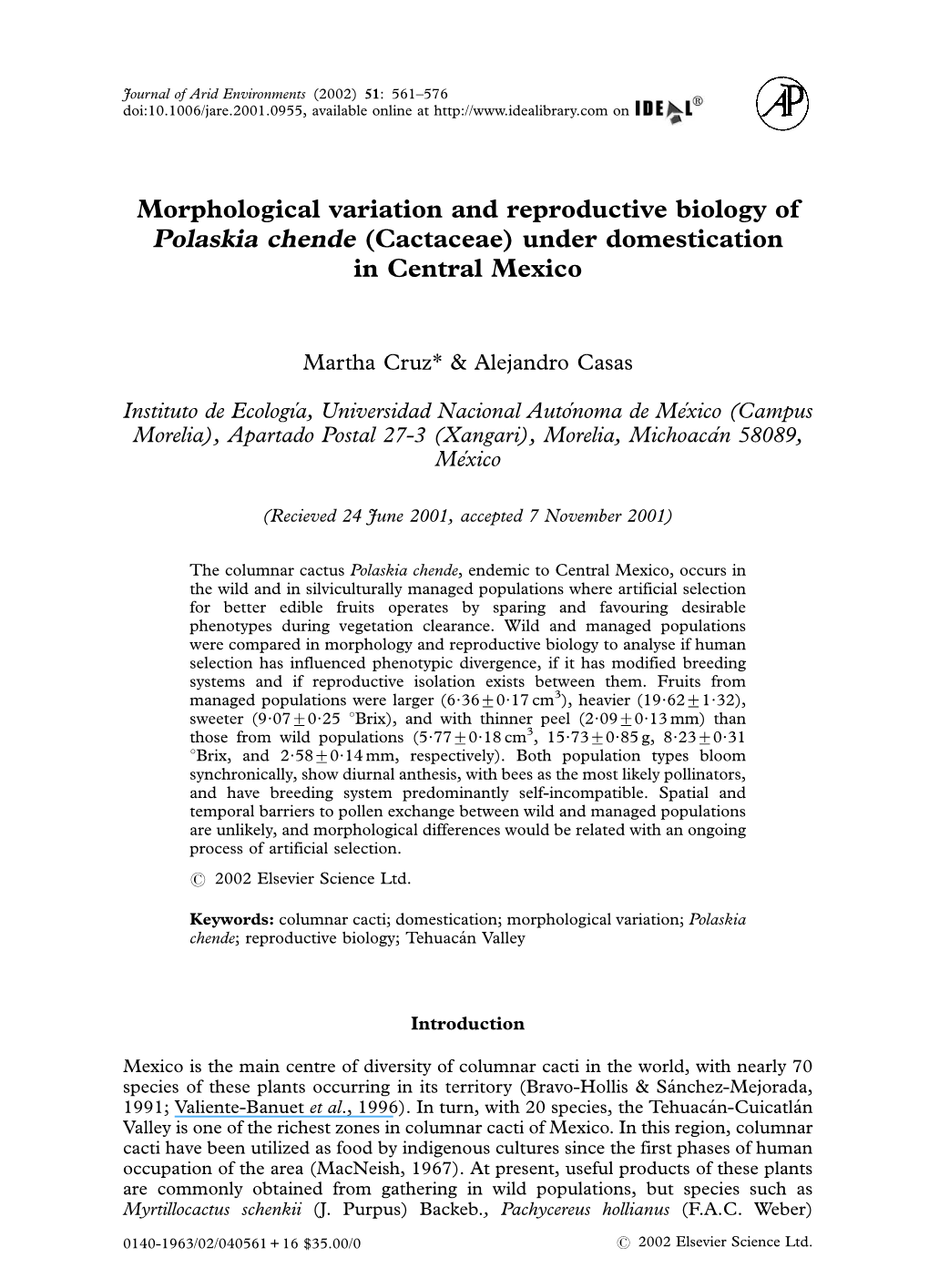 Polaskia Chende (Cactaceae) Under Domestication in Central Mexico