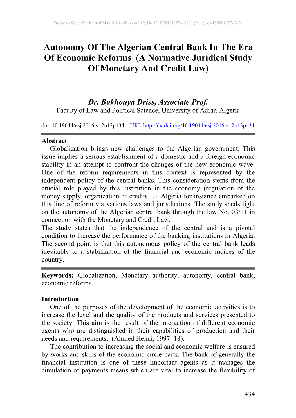 Autonomy of the Algerian Central Bank in the Era of Economic Reforms (A Normative Juridical Study of Monetary and Credit Law)