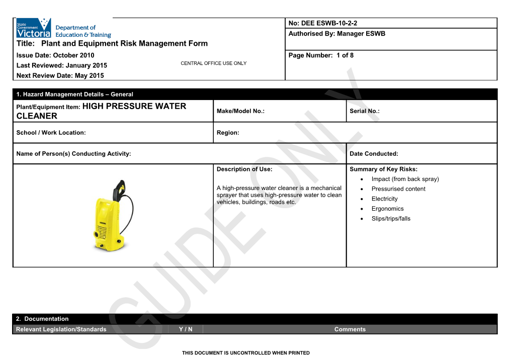 Plant and Equipment Risk Management Form - High Pressure Water Cleaner