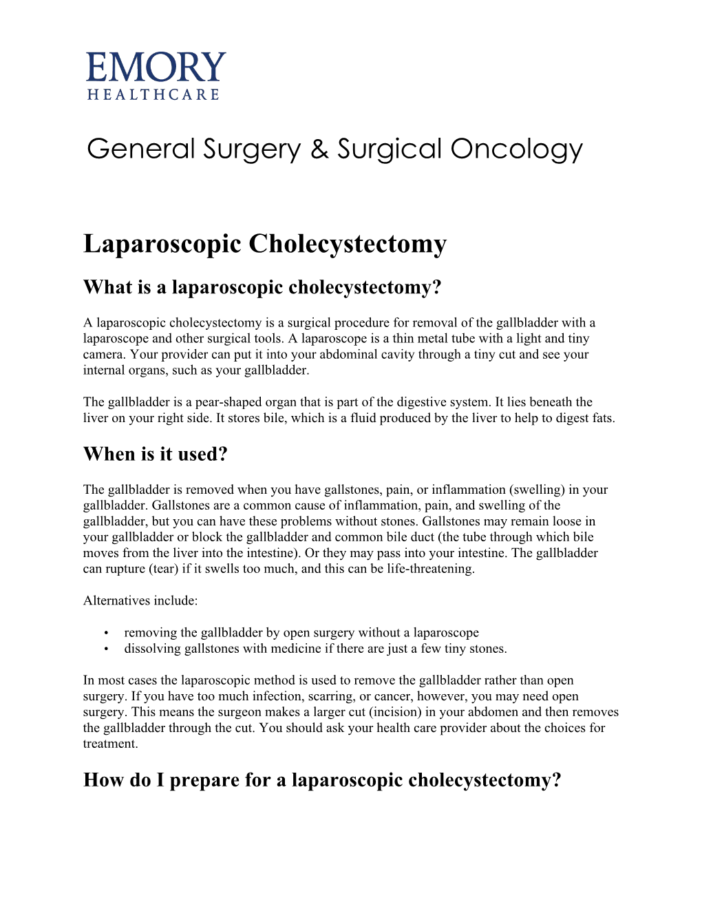 Laparoscopic Cholecystectomy General Surgery & Surgical Oncology