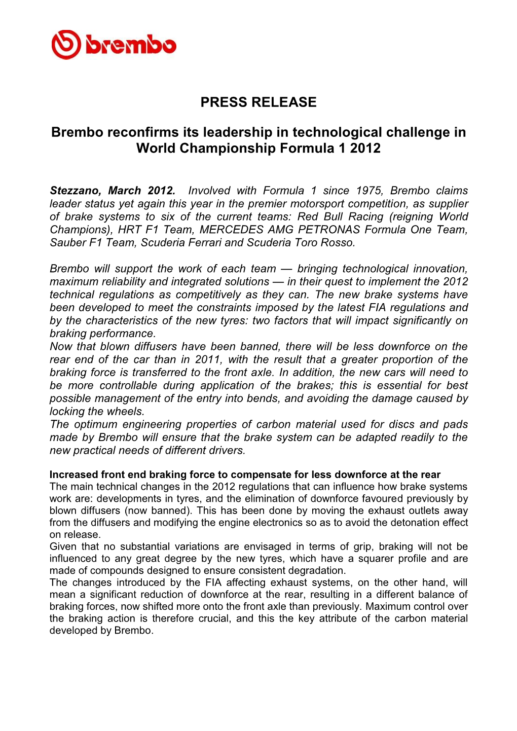 PRESS RELEASE Brembo Reconfirms Its Leadership in Technological