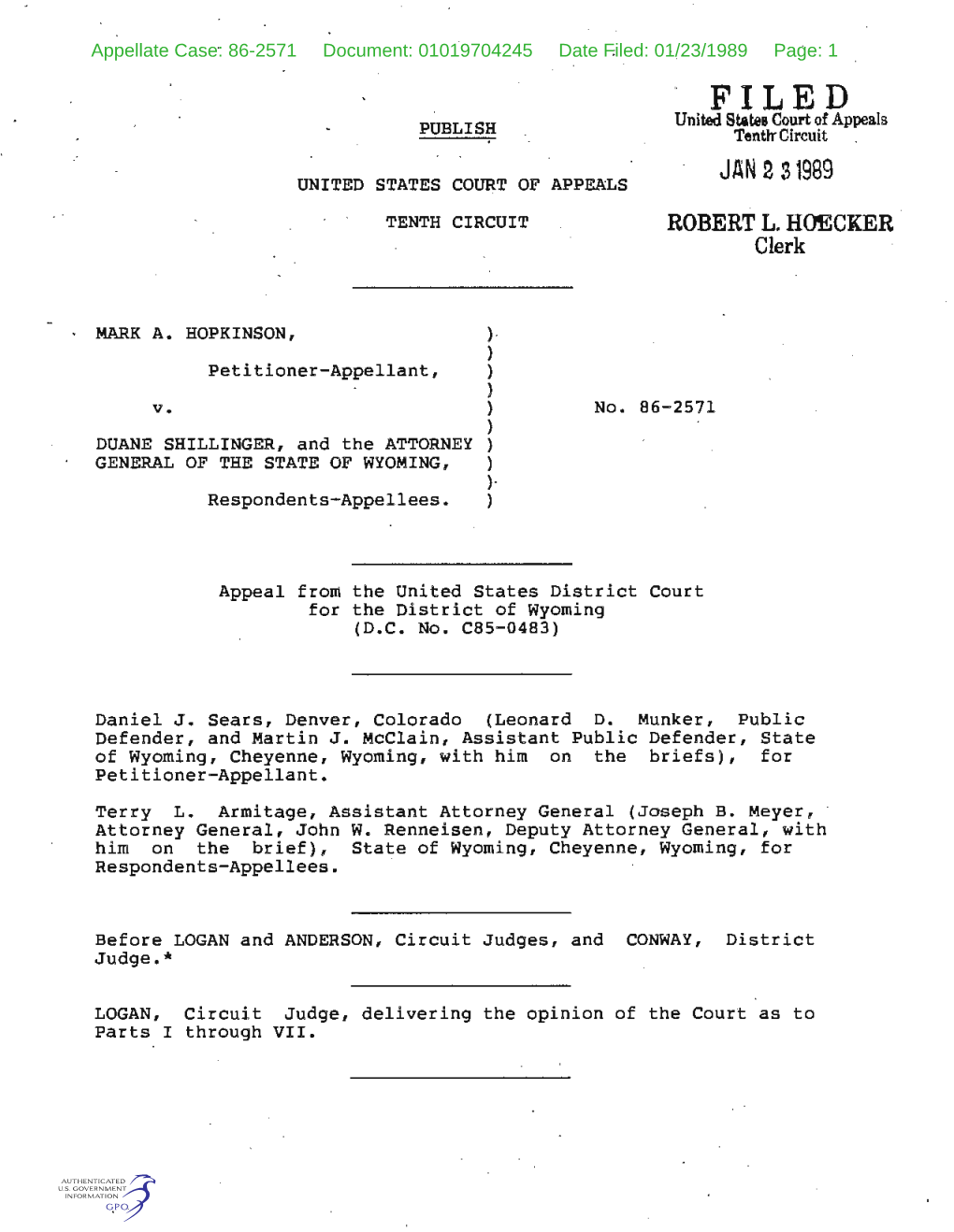 Filed: 01/23/1989 Page: 1 FILED United States Court of Appeals PUBLISH Tenttr Circuit