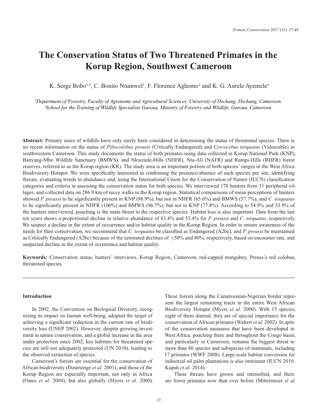 The Conservation Status of Two Threatened Primates in the Korup Region, Southwest Cameroon