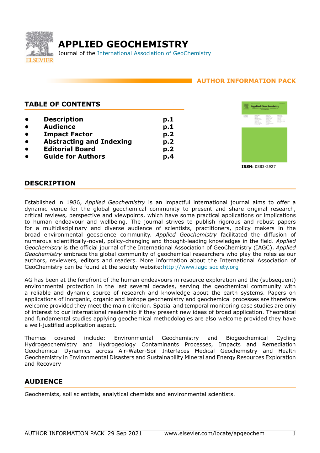 APPLIED GEOCHEMISTRY Journal of the International Association of Geochemistry