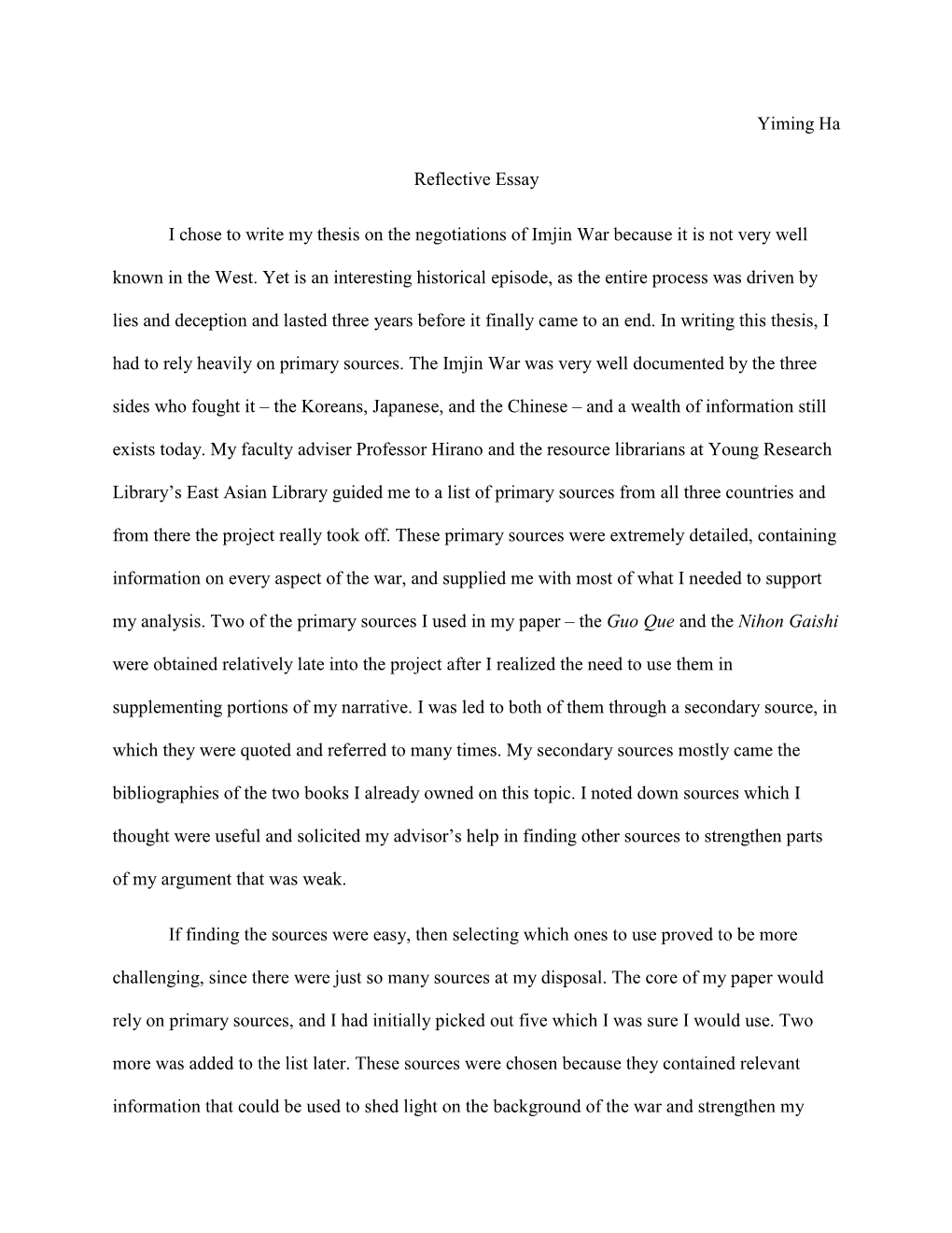 Yiming Ha Reflective Essay I Chose to Write My Thesis on the Negotiations