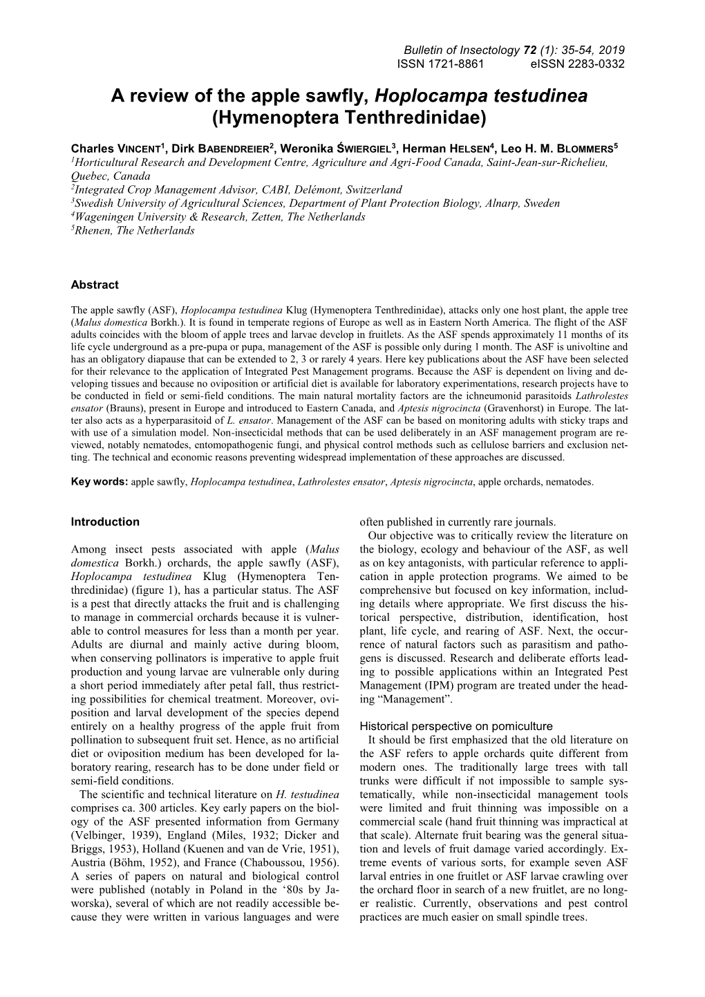 A Review of the Apple Sawfly, Hoplocampa Testudinea (Hymenoptera Tenthredinidae)