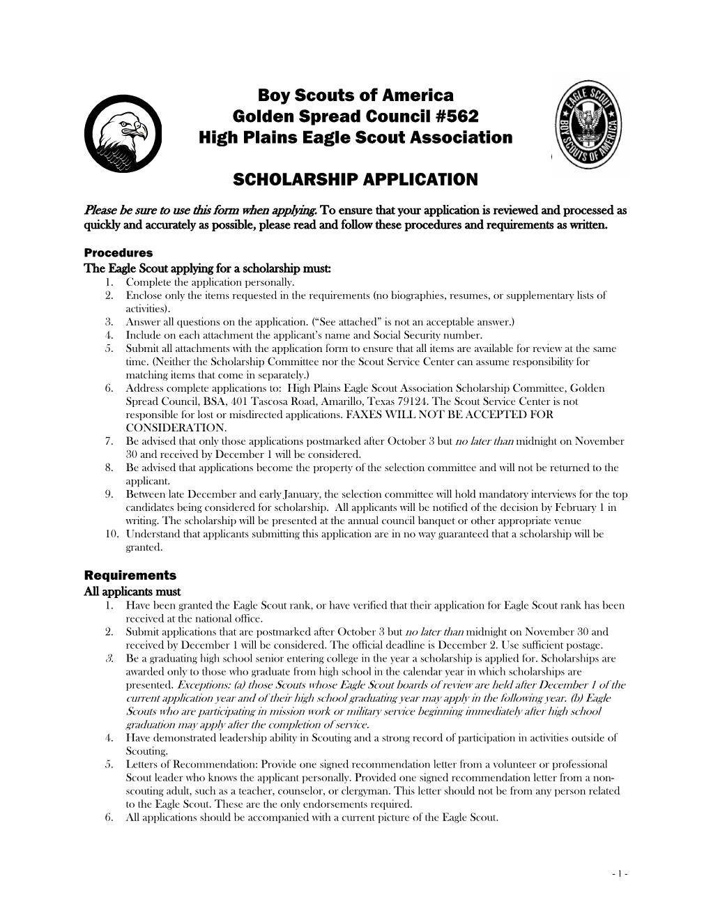 Council Eagle Scout Scholarship Form