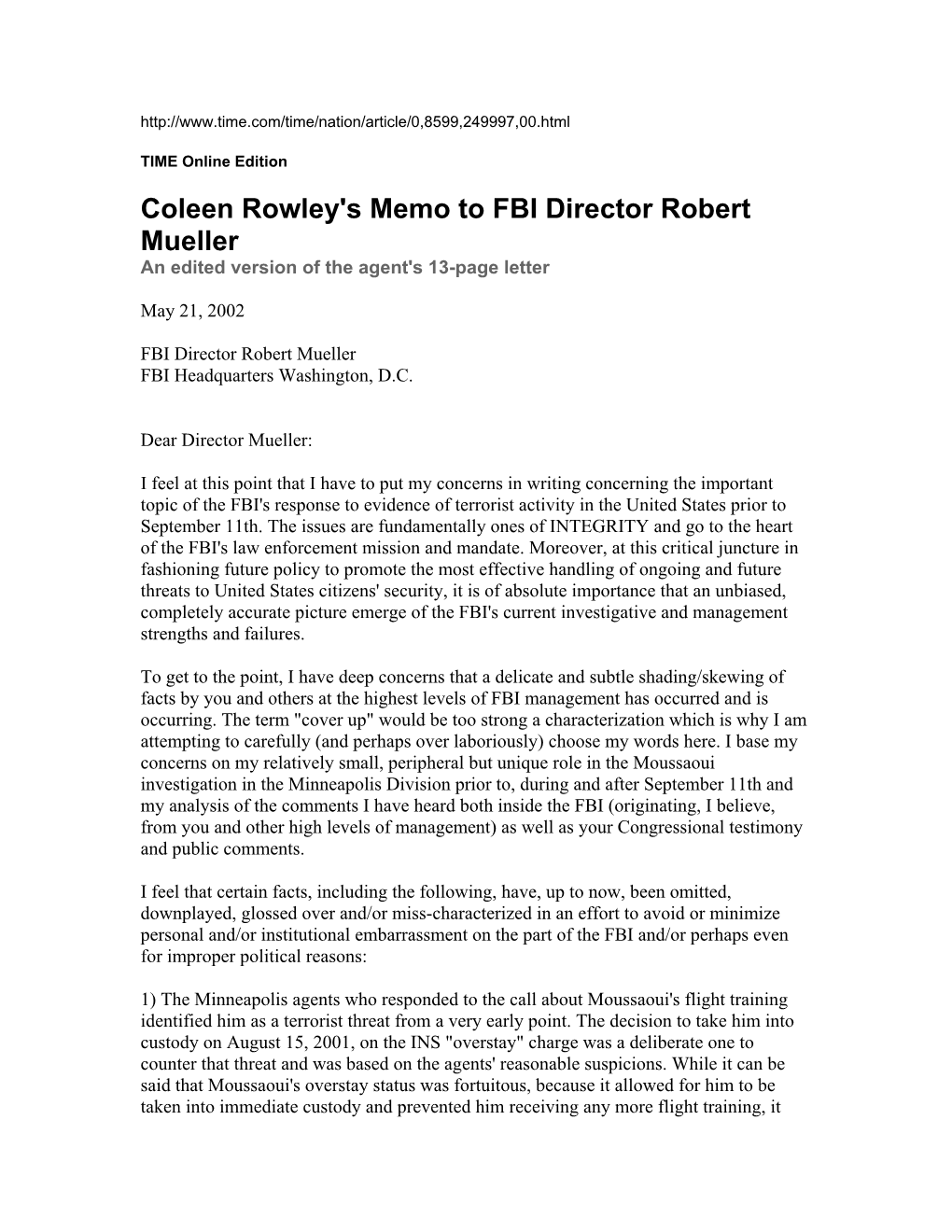 Coleen Rowley's Memo to FBI Director Robert Mueller an Edited Version of the Agent's 13-Page Letter