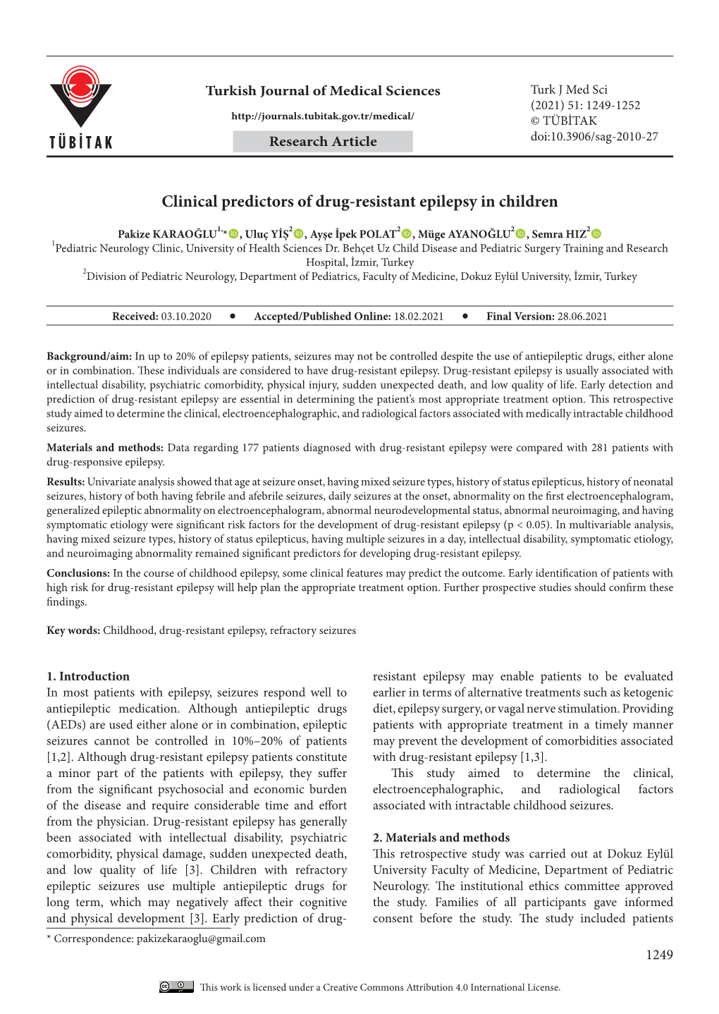 Clinical Predictors of Drug-Resistant Epilepsy in Children