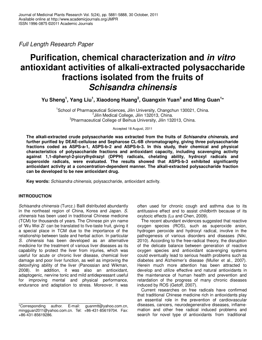 Purification, Chemical Characterization and in Vitro Antioxidant Activities Of