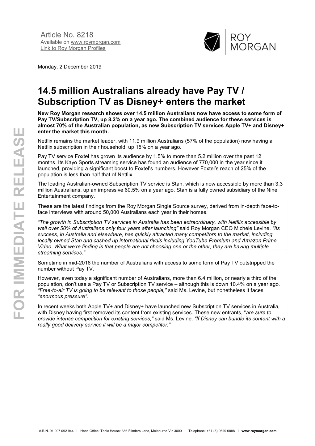 14.5 Million Australians Already Have Pay TV / Subscription TV As Disney+ Enters the Market