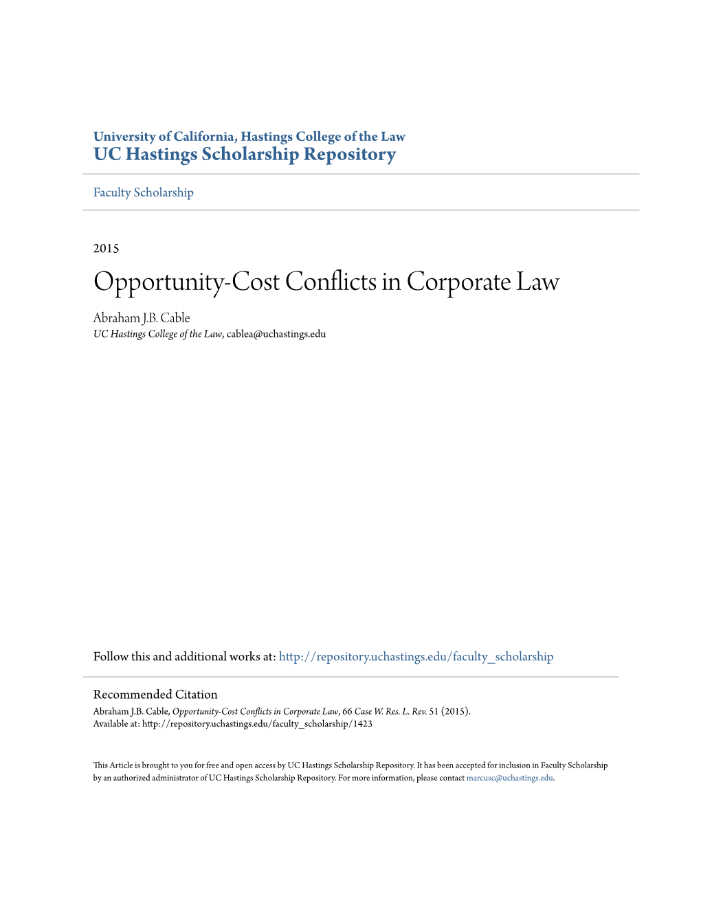 Opportunity-Cost Conflicts in Corporate Law Abraham J.B