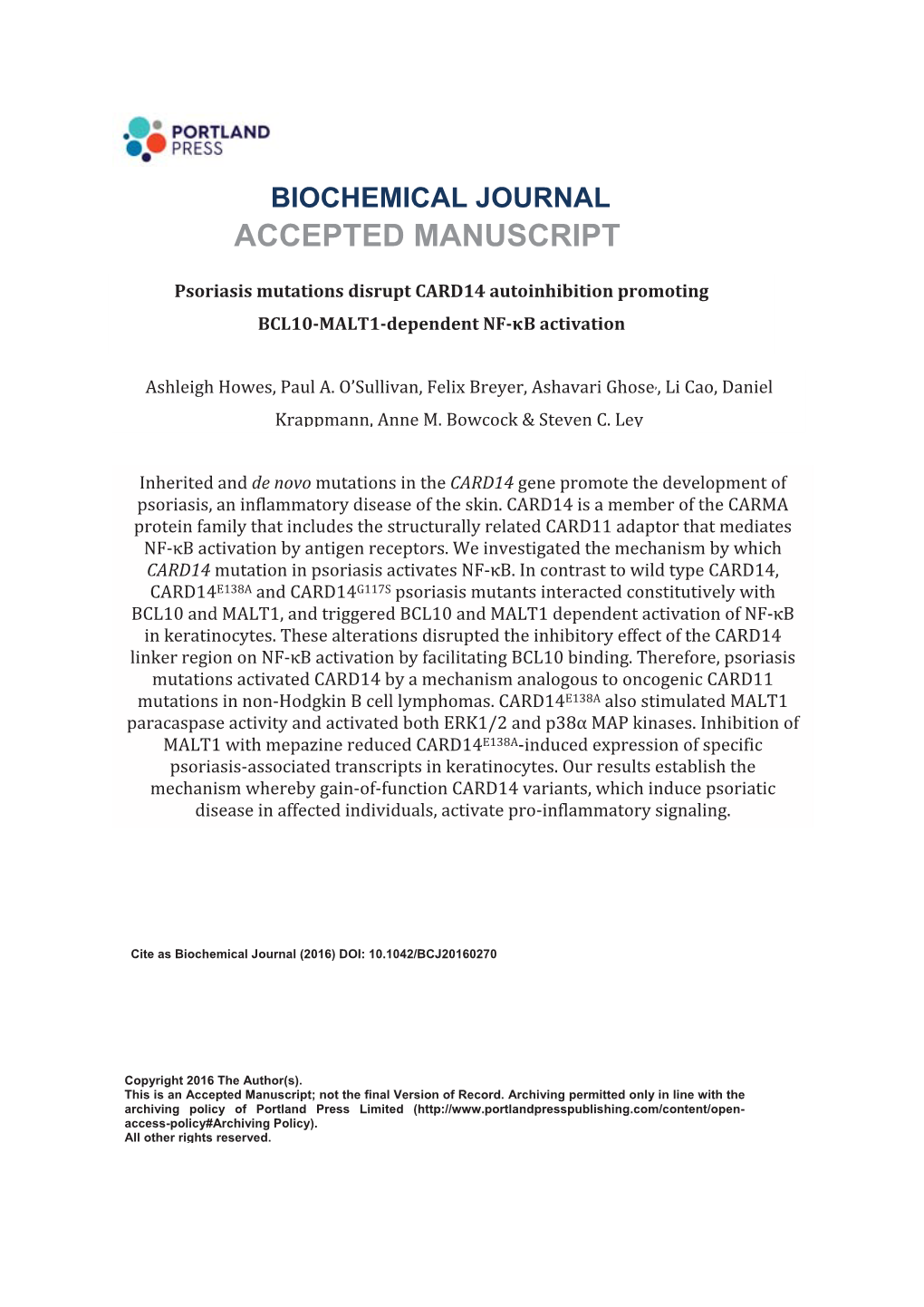 Psoriasis Mutations Disrupt CARD14 Autoinhibition Promoting BCL10-MALT1-Dependent NF-Κb Activation