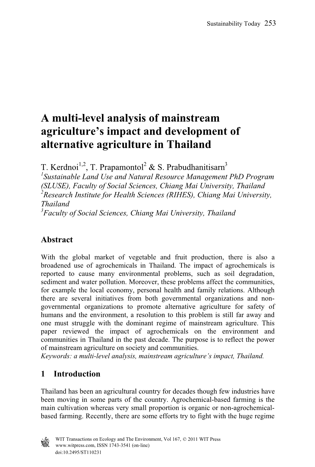 A Multi-Level Analysis of Mainstream Agriculture's Impact and Development of Alternative Agriculture in Thailand