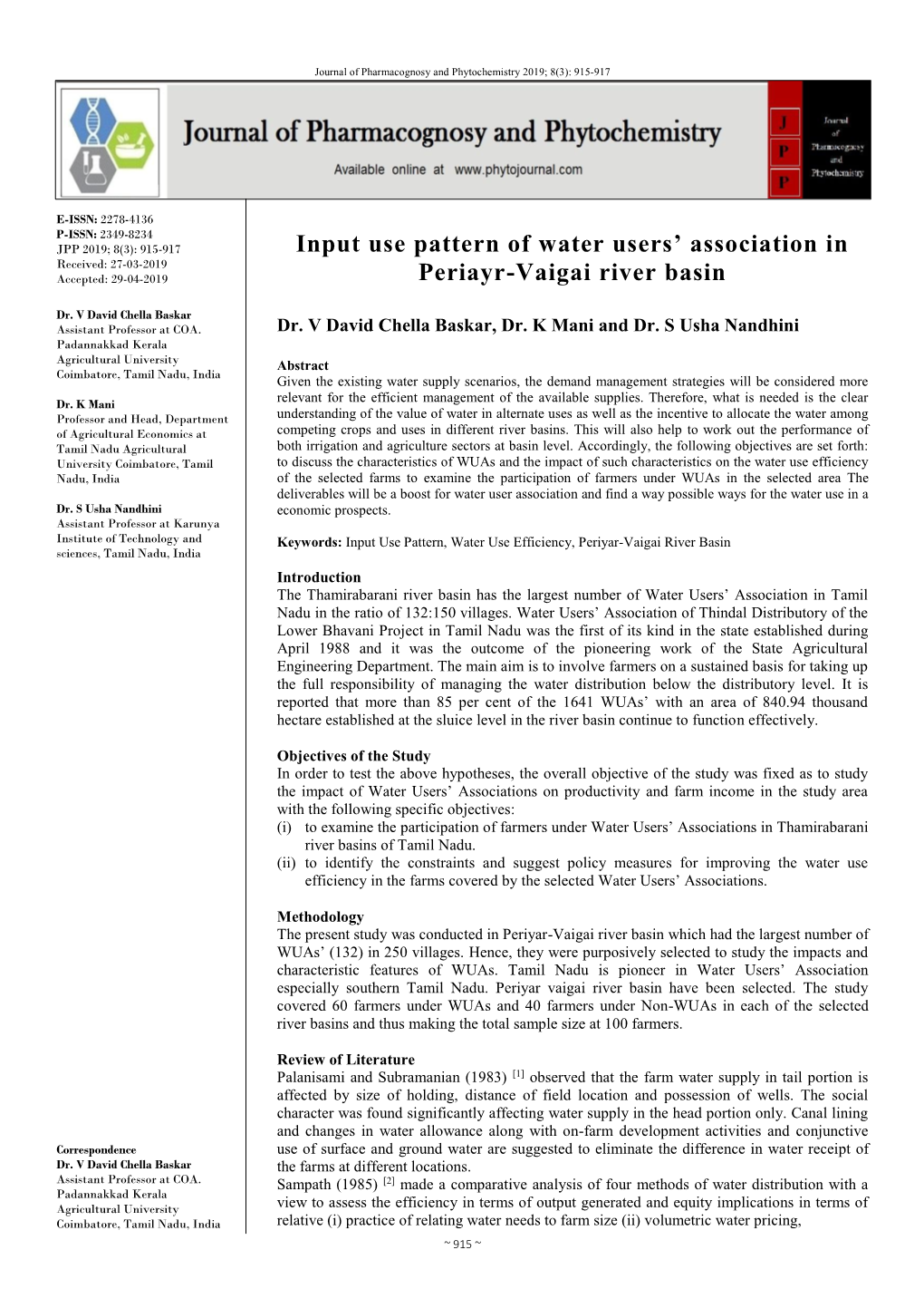 Input Use Pattern of Water Users' Association in Periayr-Vaigai River Basin
