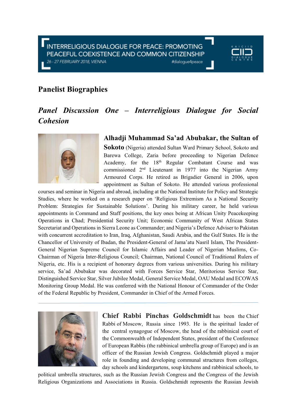 Panelist Biographies Panel Discussion One – Interreligious