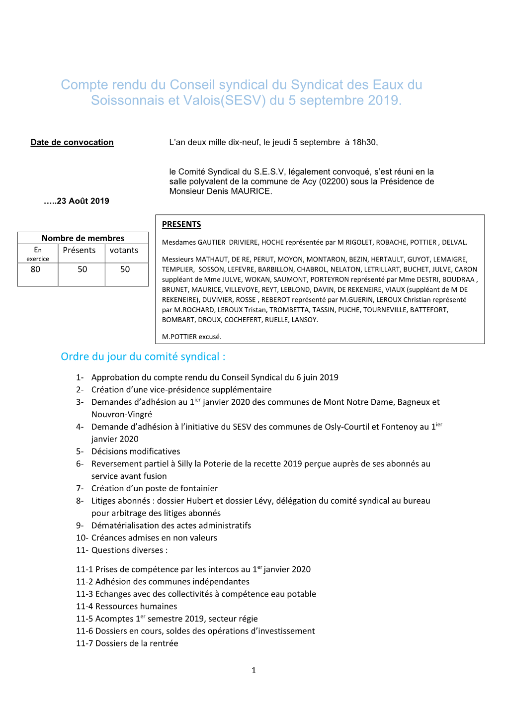 Compte Rendu Du 05 Septembre 2019