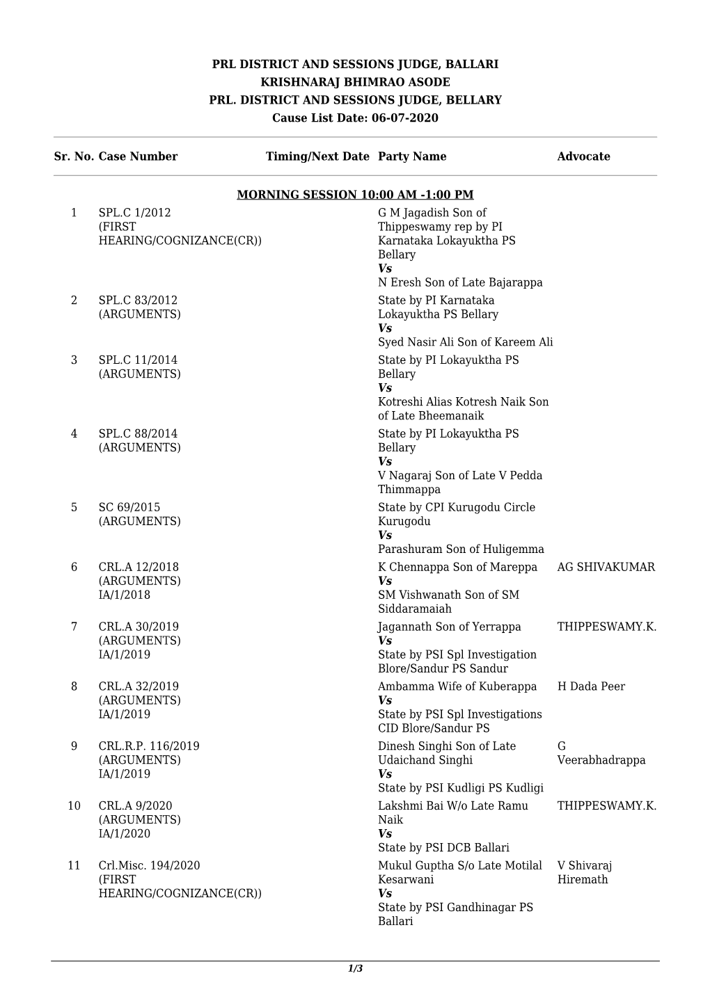 FAMILY COURT,BALLARI Cause List Or Adjourned Cases on Date:- 06/07/2020 Sl