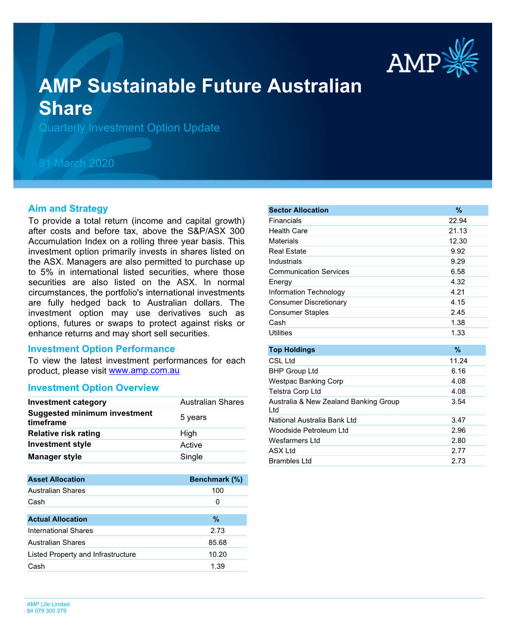 AMP Sustainable Future Australian Share Quarterly Investment Option Update