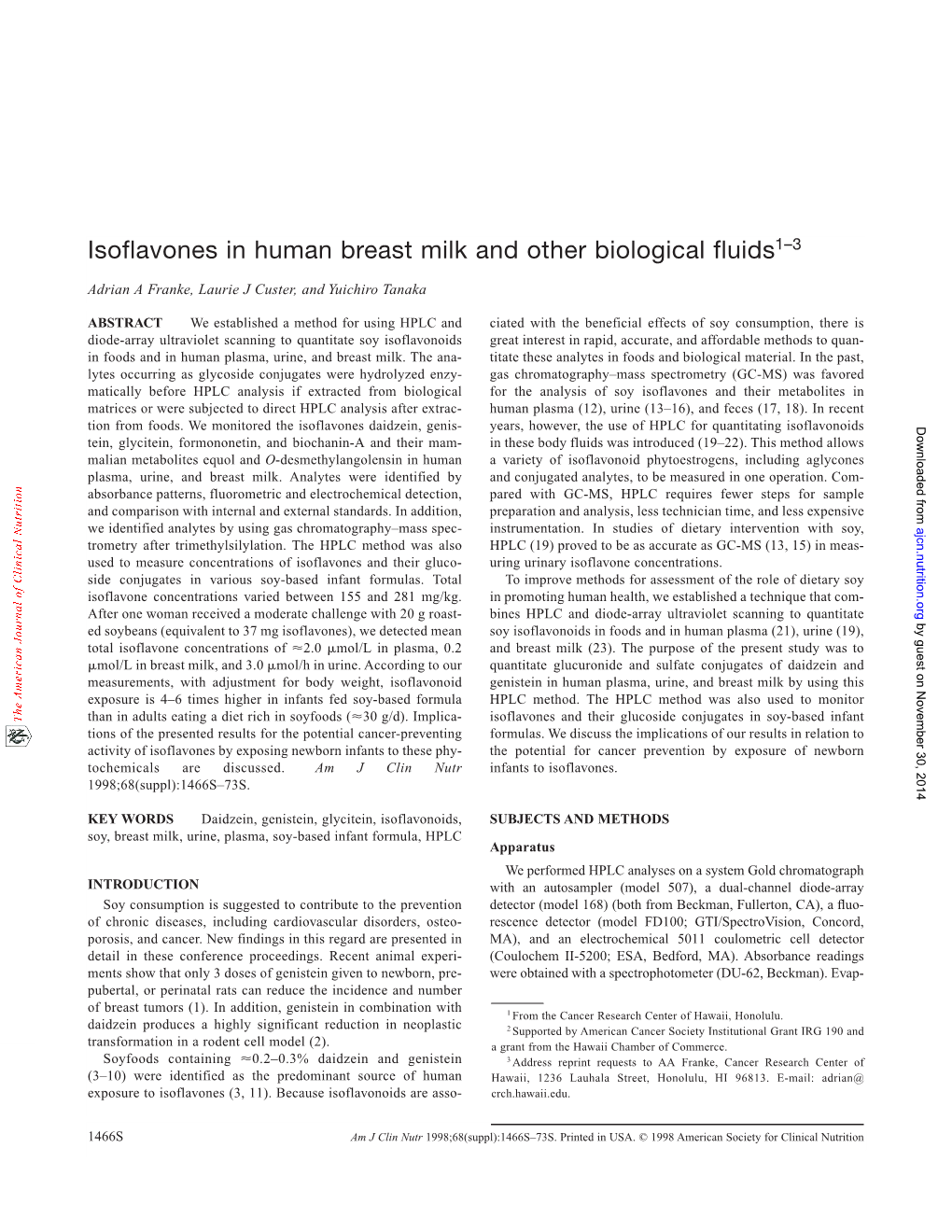 Isoflavones in Human Breast Milk and Other Biological Fluids1–3
