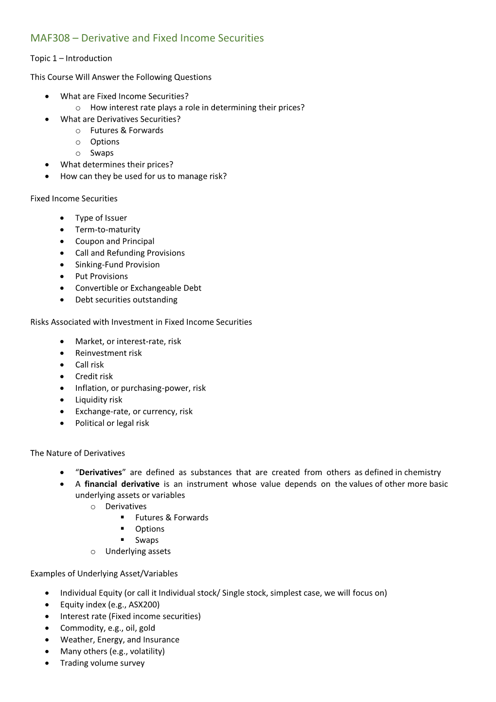 Derivative and Fixed Income Securities