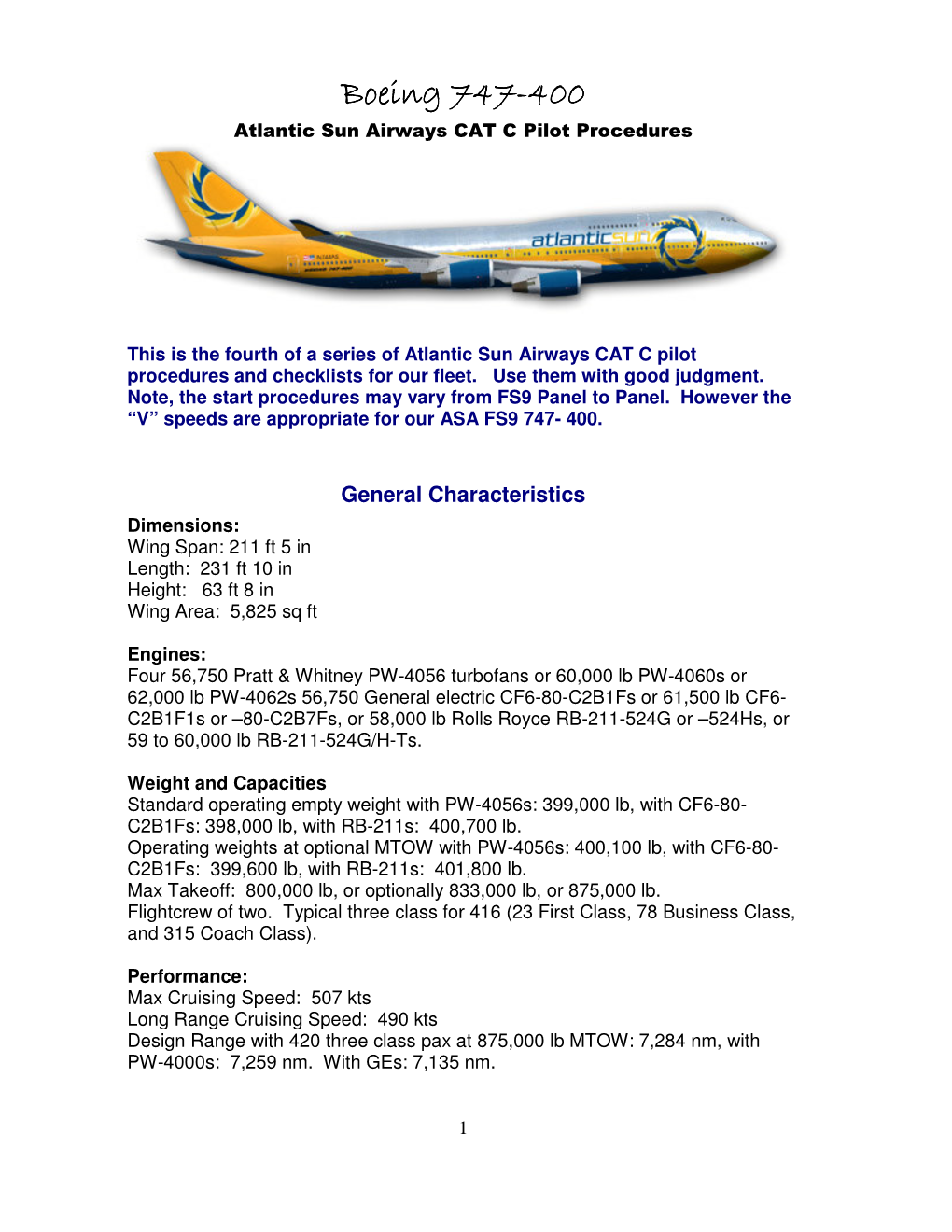 Boeing 747-400 Atlantic Sun Airways CAT C Pilot Procedures