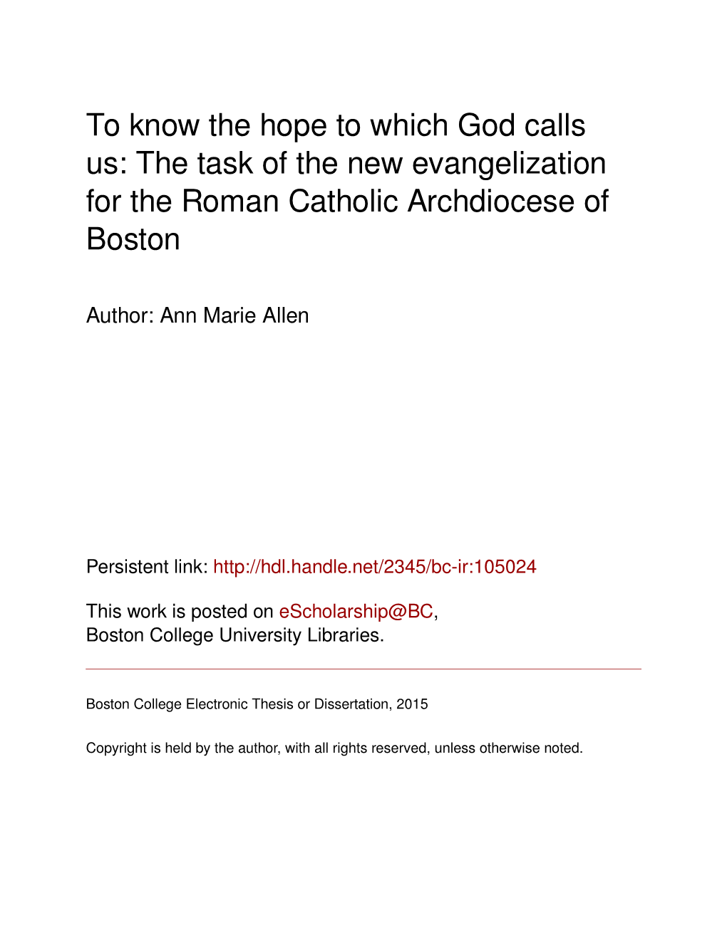 The Task of the New Evangelization for the Roman Catholic Archdiocese of Boston