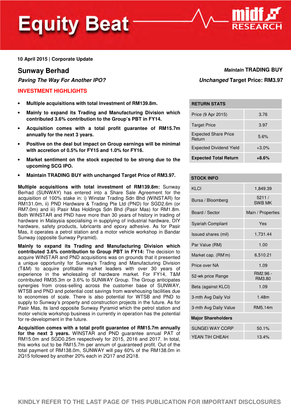 Sunway Berhad Maintain TRADING BUY Paving the Way for Another IPO? Unchanged Target Price: RM3.97 INVESTMENT HIGHLIGHTS