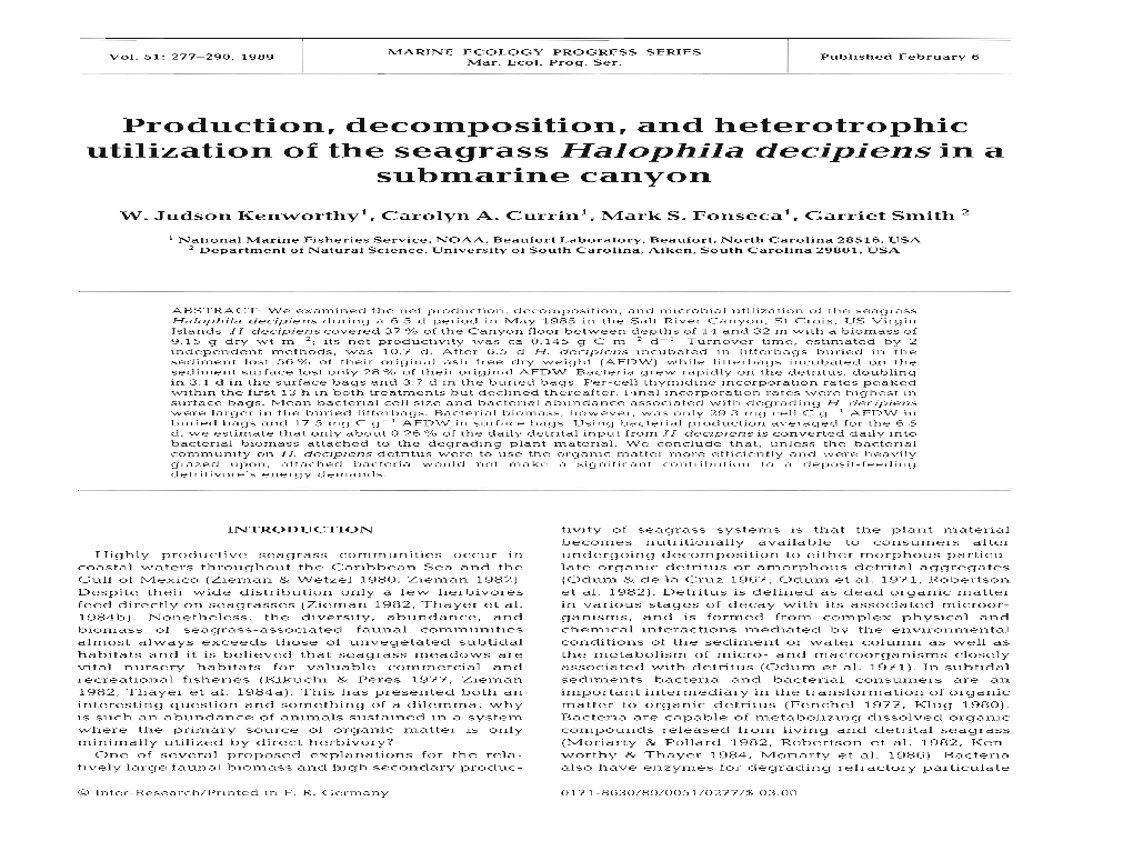 Production, Decomposition, and Heterotrophic Utilization of the Seagrass Halophila Decipiens in a Submarine Canyon