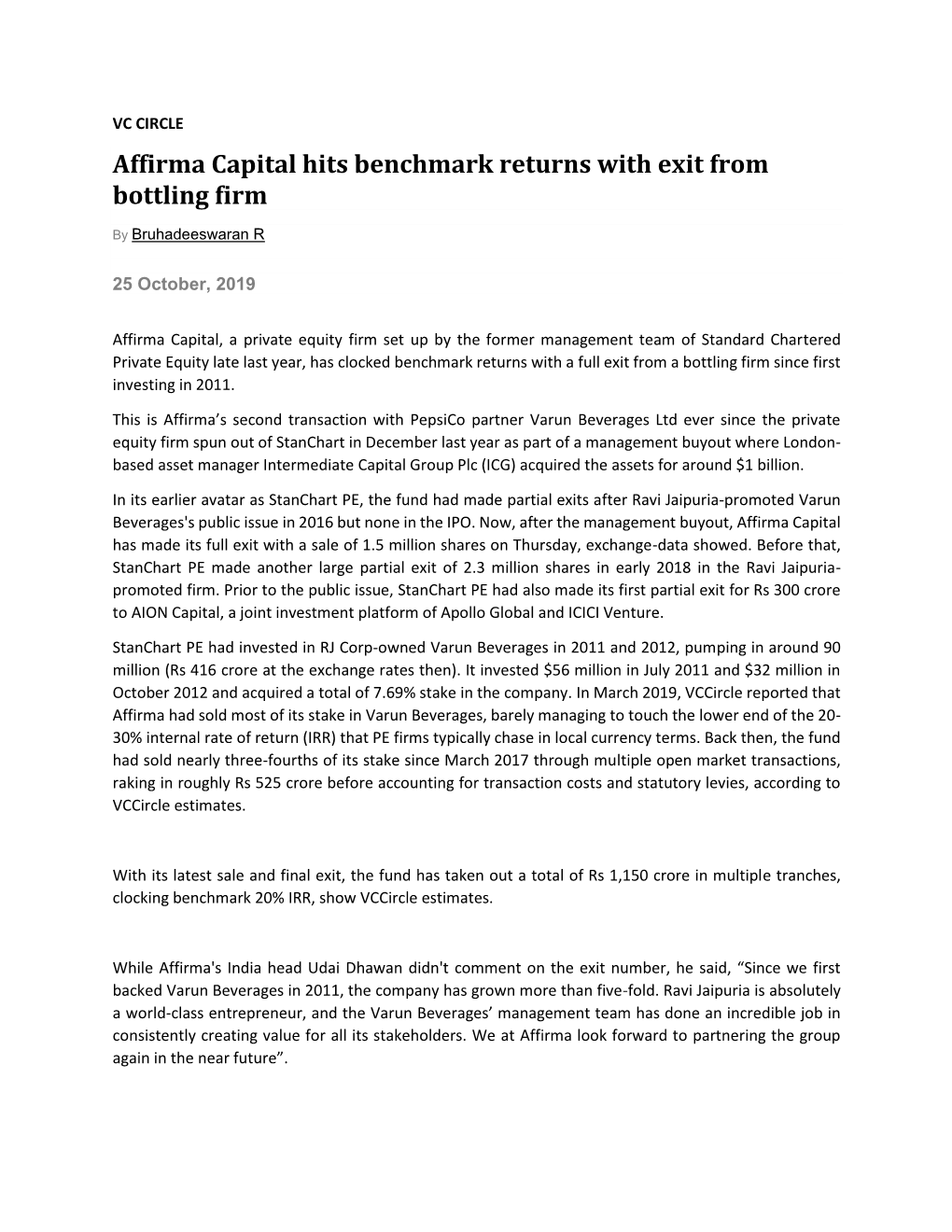 Affirma Capital Hits Benchmark Returns with Exit from Bottling Firm