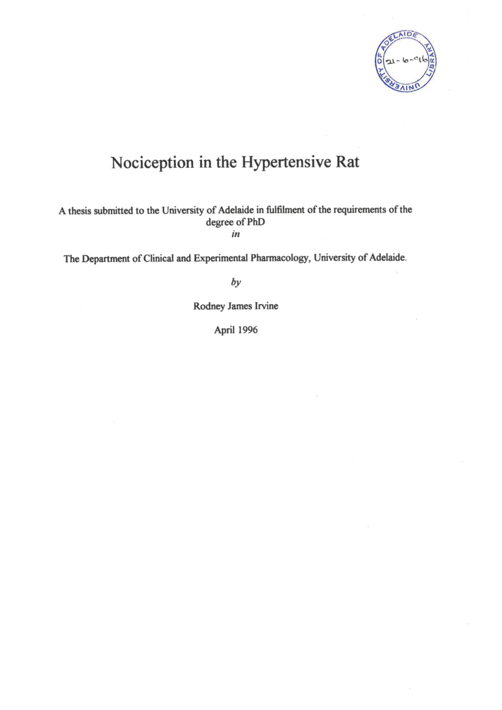 Nociception in the Hypertensive Rat