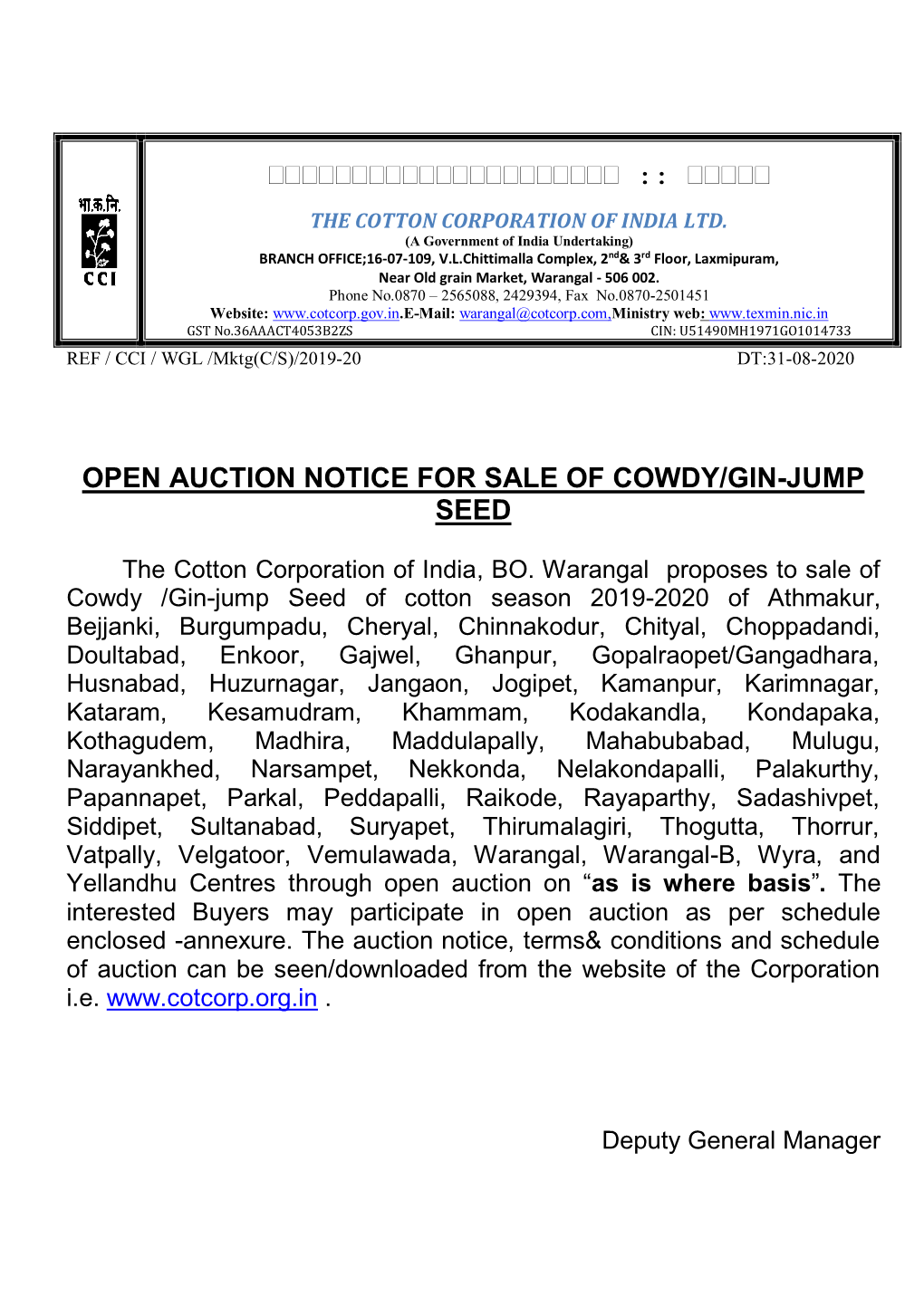 Open Auction Notice for Sale of Cowdy/Gin-Jump Seed