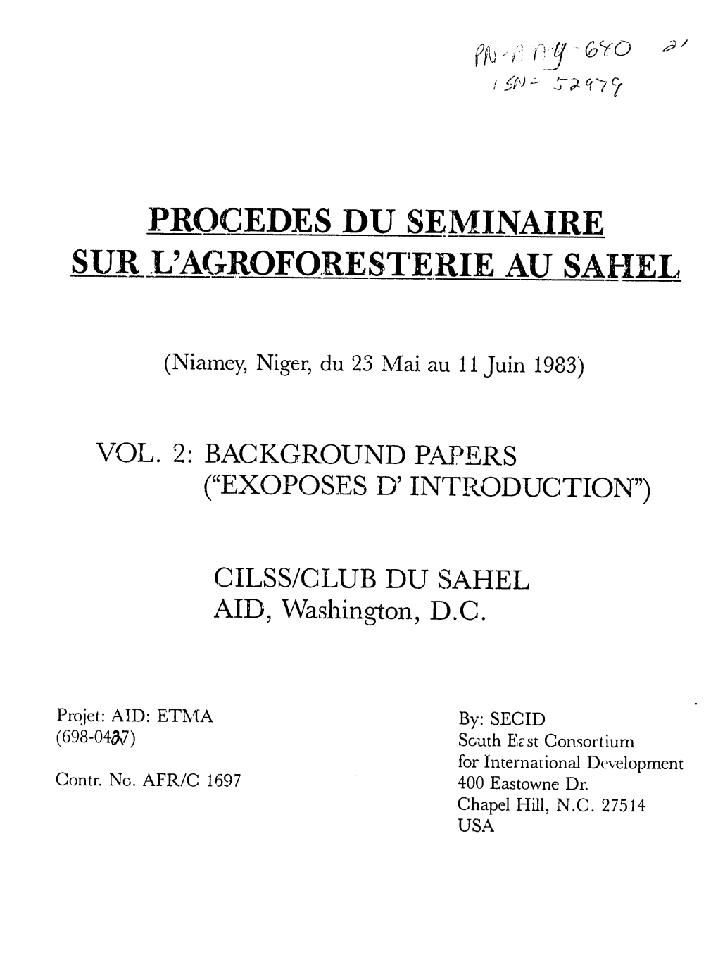 Procedes Du Seminaire Sur L'agroforesterie Au Sahel