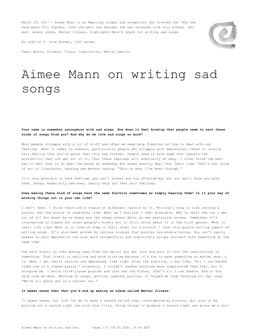 Aimee Mann on Writing Sad Songs