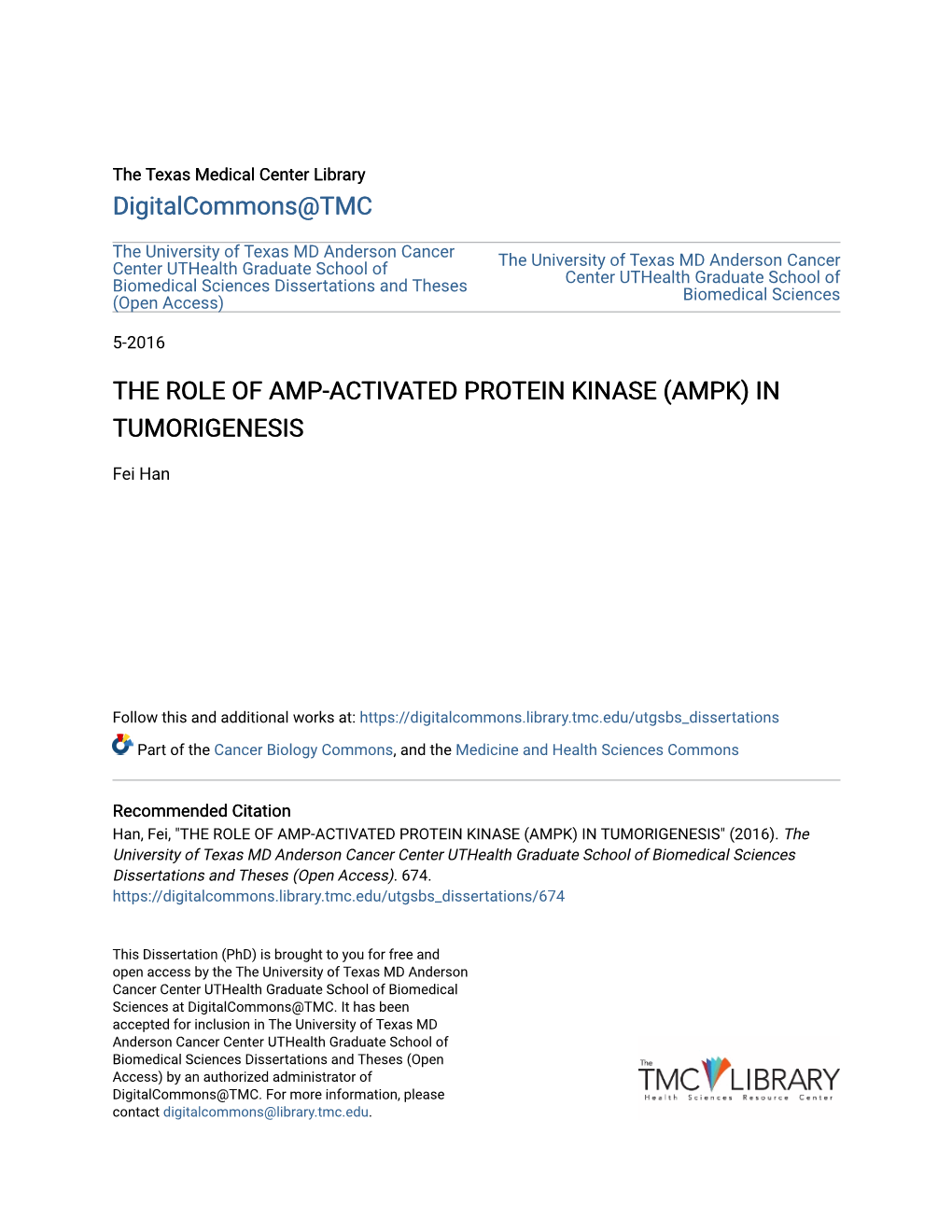 The Role of Amp-Activated Protein Kinase (Ampk) in Tumorigenesis