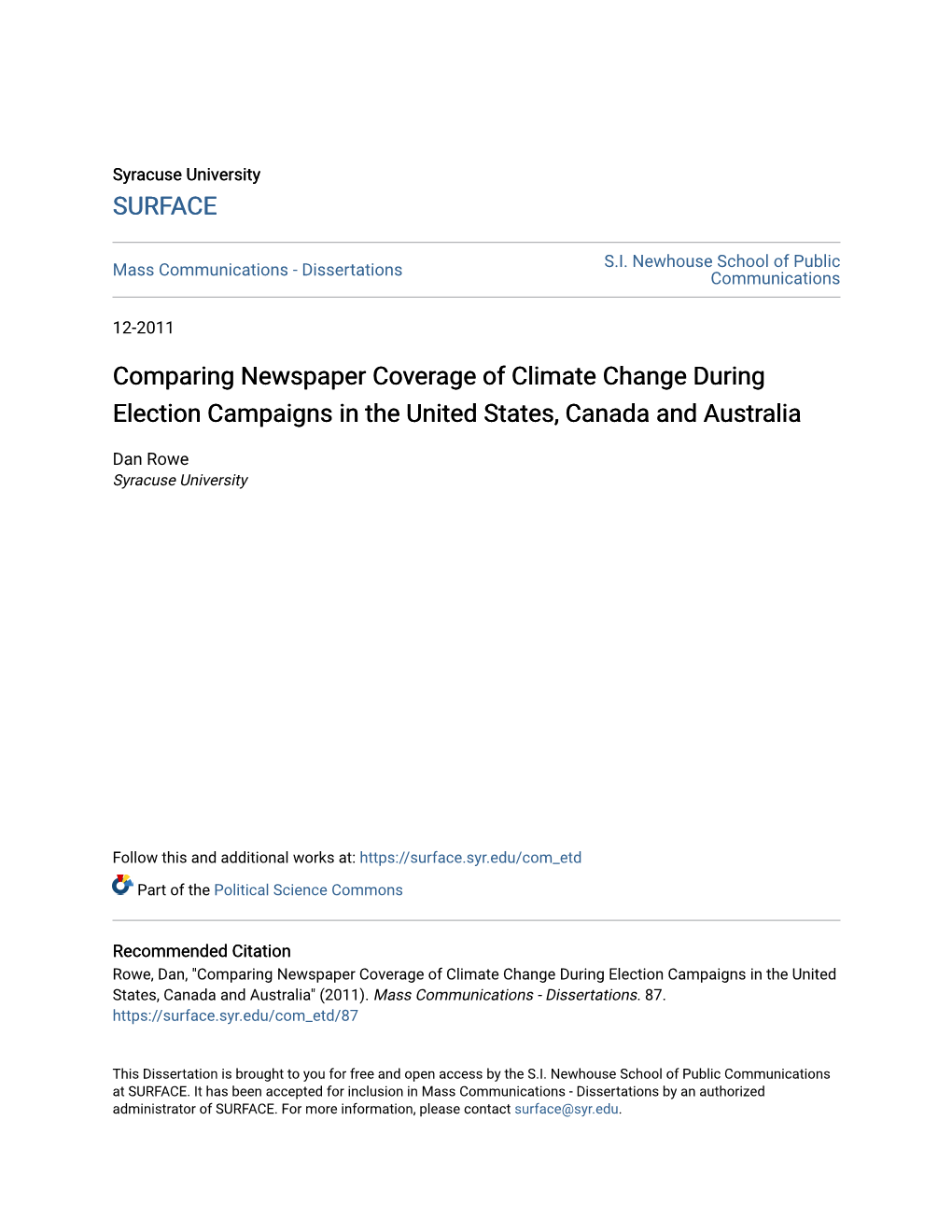 Comparing Newspaper Coverage of Climate Change During Election Campaigns in the United States, Canada and Australia