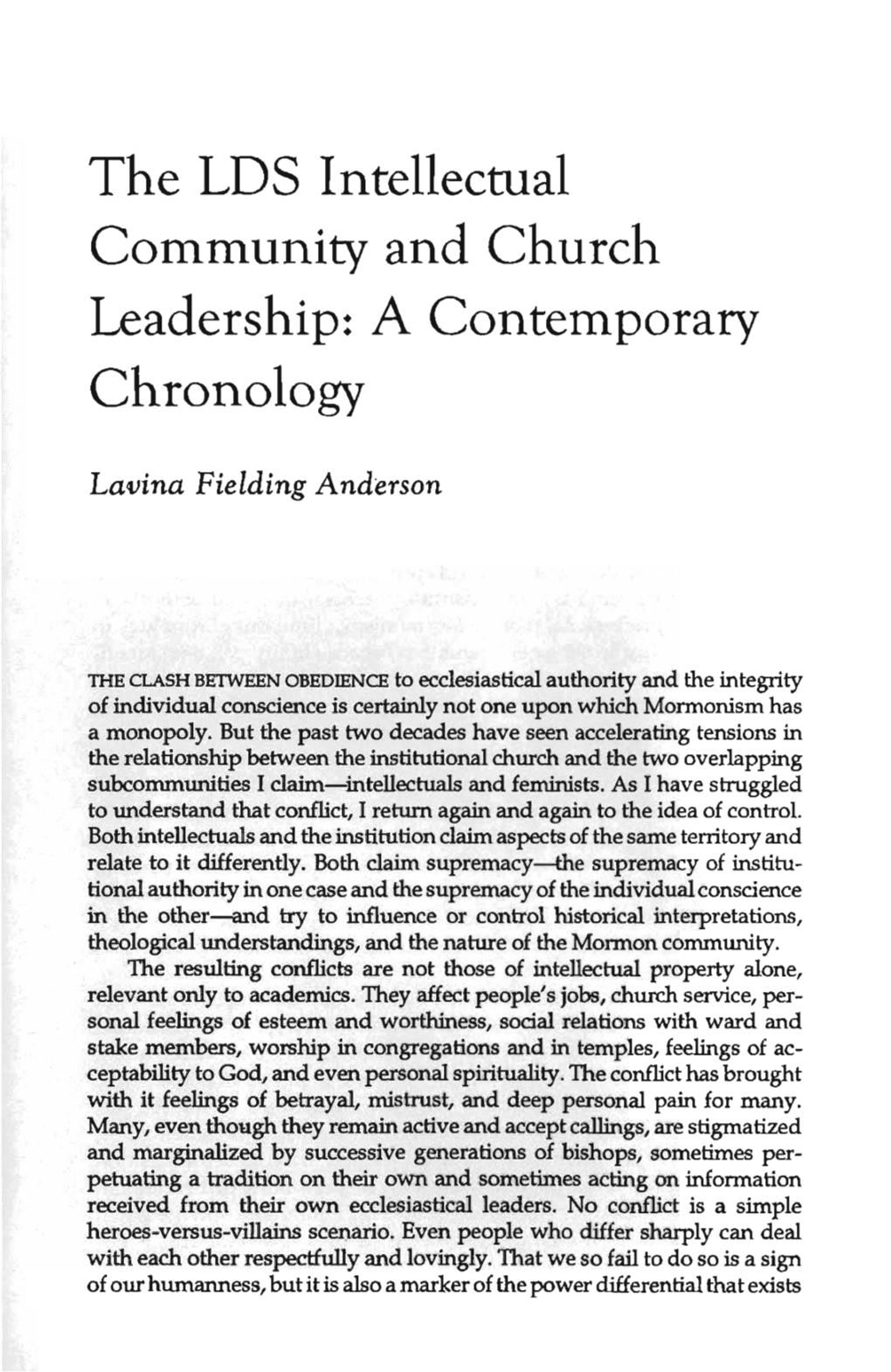 The LDS Intellectual Community and Church Leadership: a Contemporary Chronology