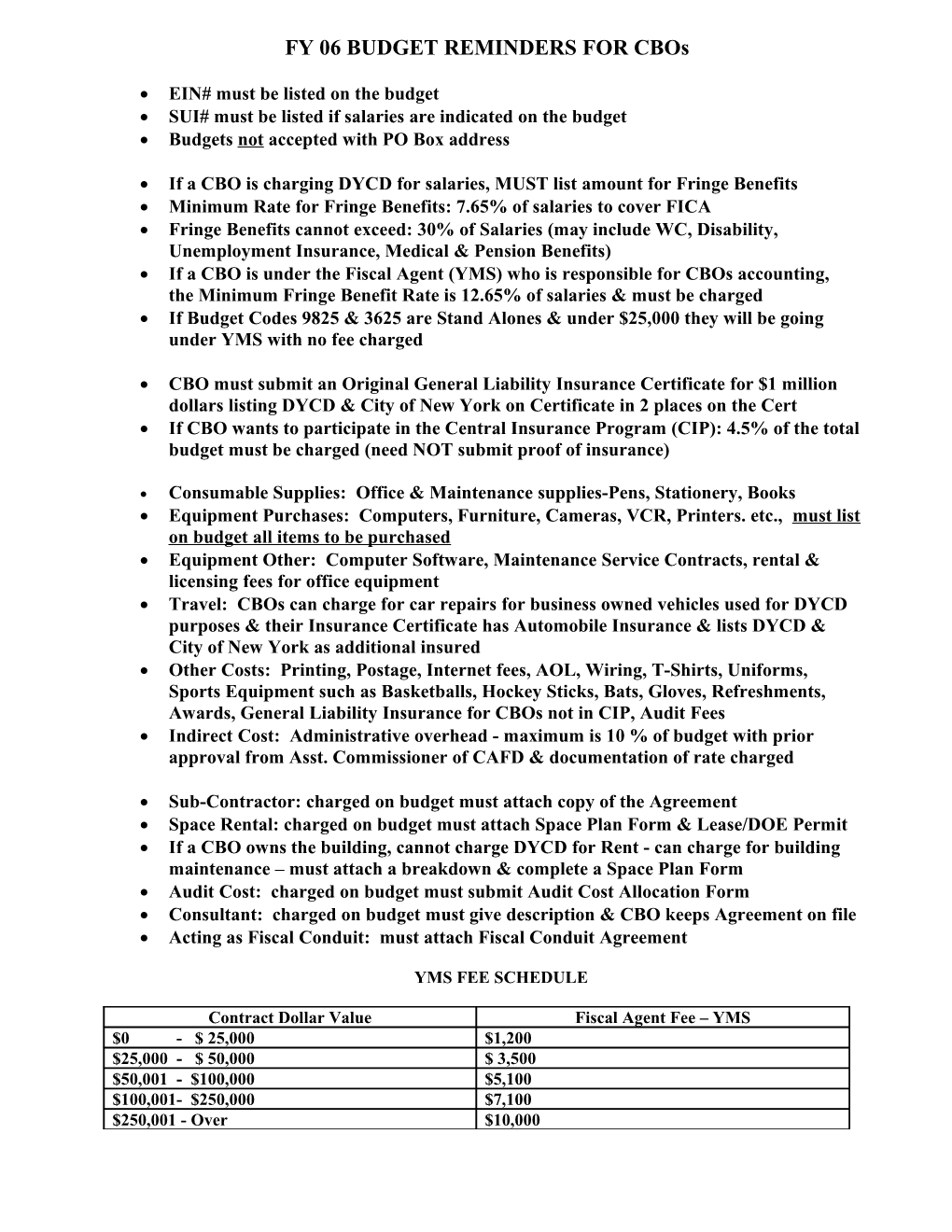 FY 06 BUDGET REMINDERS for Cbos