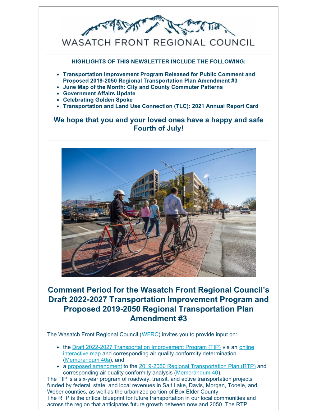Comment Period for the Wasatch Front Regional Council's Draft 2022-2027 Transportation Improvement Program and Proposed 2019-2
