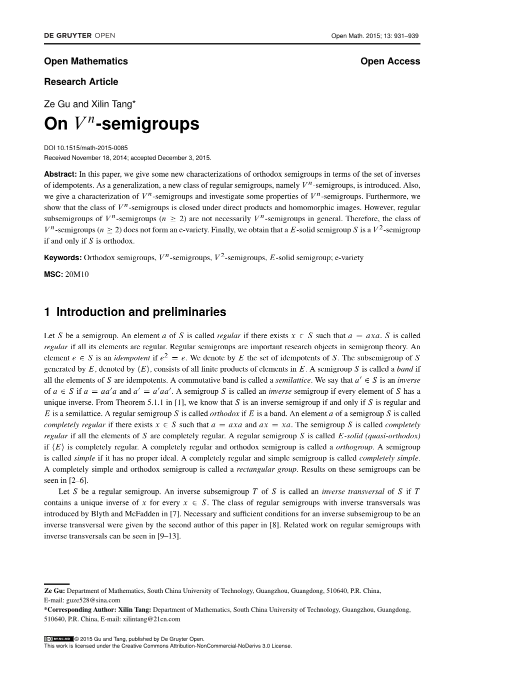 On V -Semigroups