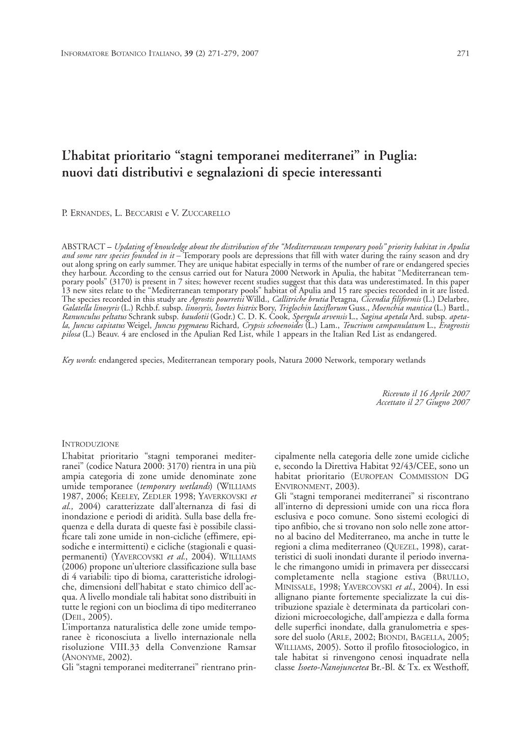 L'habitat Prioritario “Stagni Temporanei Mediterranei” in Puglia: Nuovi Dati