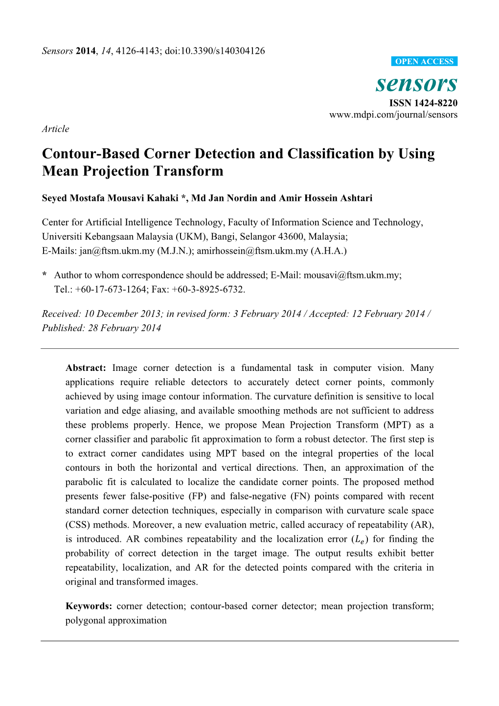 Contour-Based Corner Detection and Classification by Using Mean Projection Transform