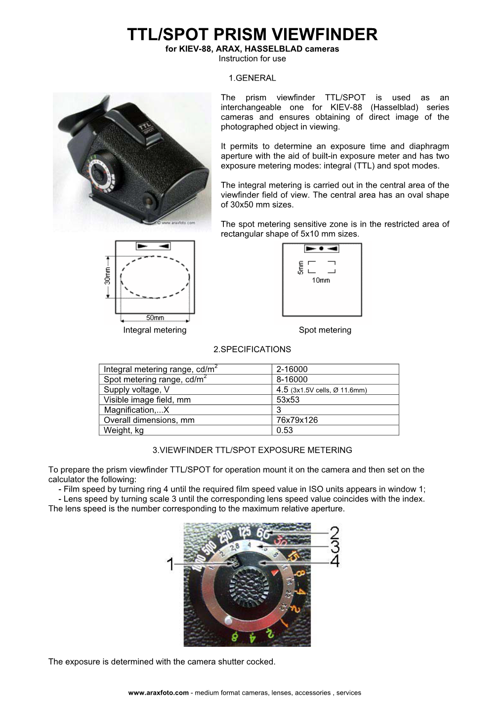 TTL/SPOT PRISM VIEWFINDER for KIEV-88, ARAX, HASSELBLAD Cameras Instruction for Use