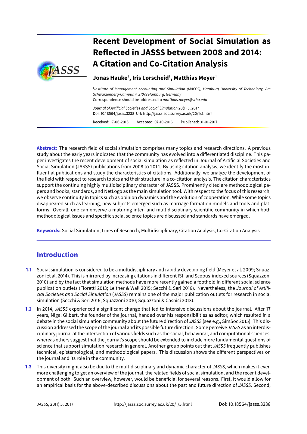 Recent Development of Social Simulation As Reflected in JASSS Between 2008 and 2014: a Citation and Co-Citation Analysis