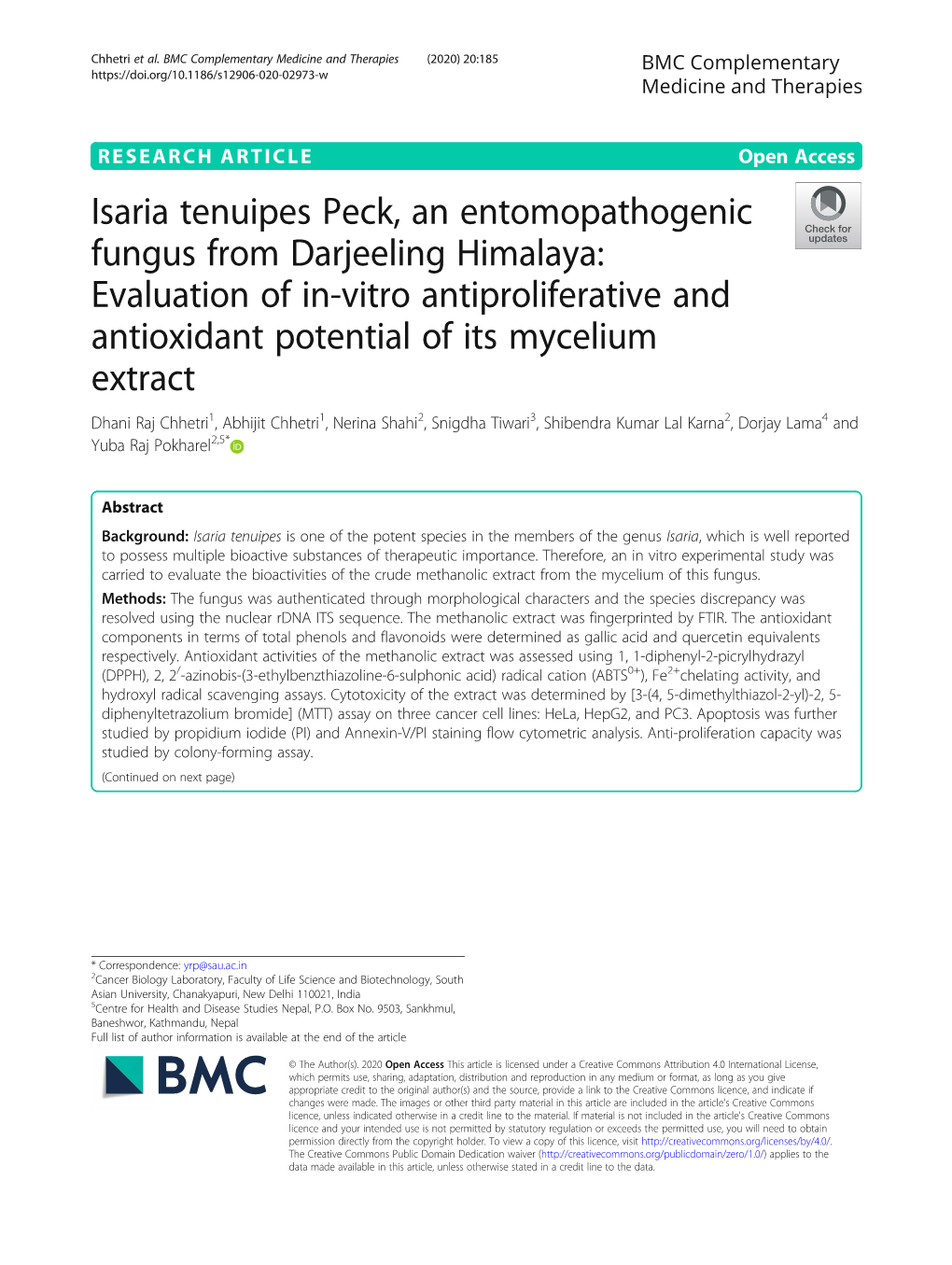 Isaria Tenuipes Peck, an Entomopathogenic Fungus from Darjeeling Himalaya: Evaluation of In-Vitro Antiproliferative and Antioxid