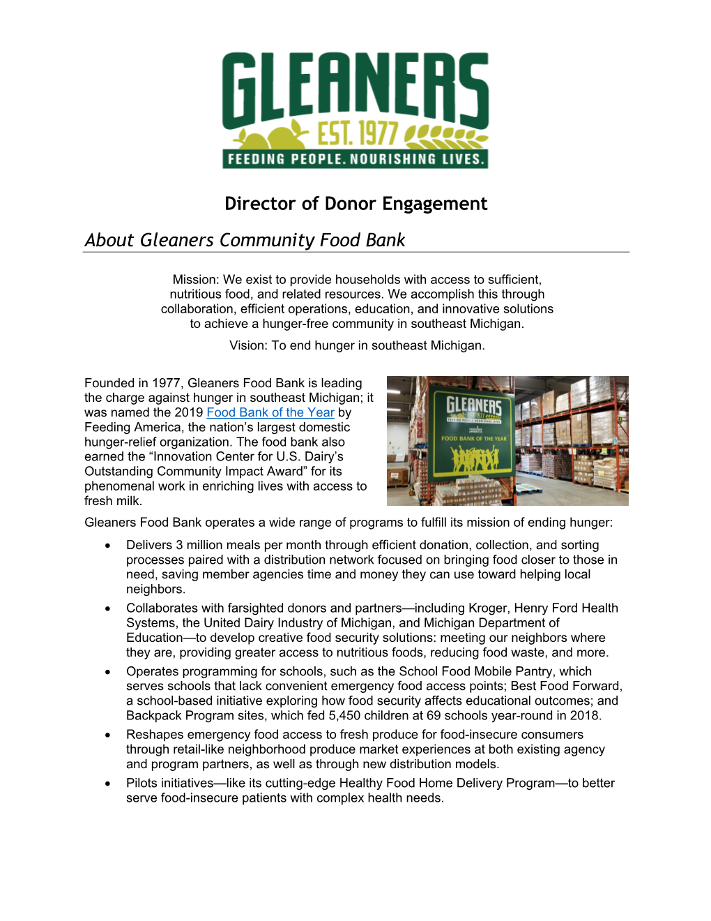 Director of Donor Engagement About Gleaners Community Food Bank