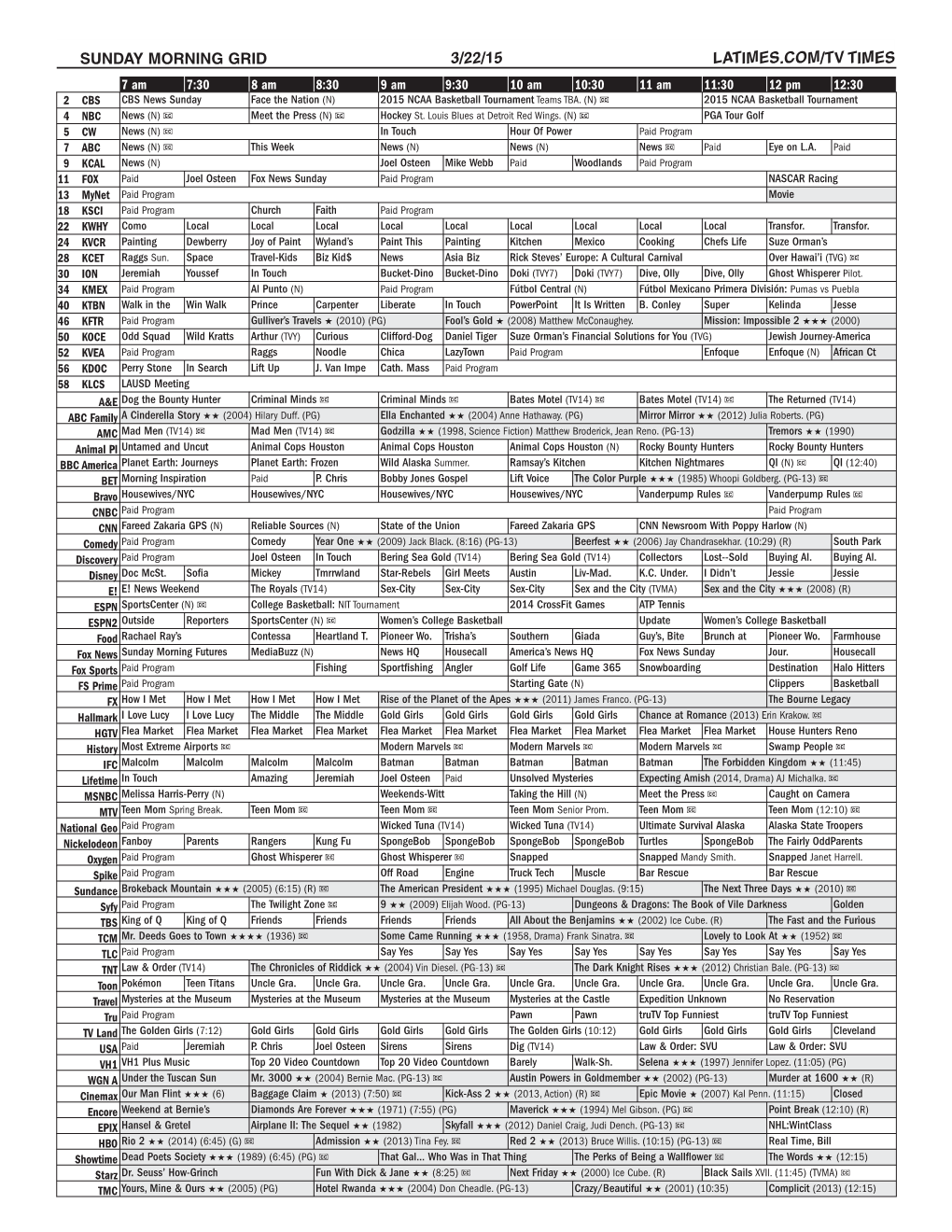 Sunday Morning Grid 3/22/15 Latimes.Com/Tv Times